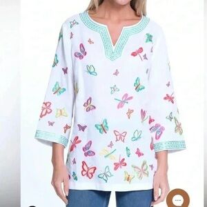 John Mark White and Pink Relaxed 3/4 Sleeve Tunic Butterfly Embroidered
